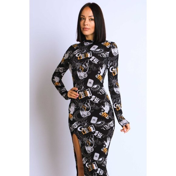 Women's Mock Neck Split Thigh Midi Bodycon Dress Long Sleeve Black S M L - Picture 2 of 8